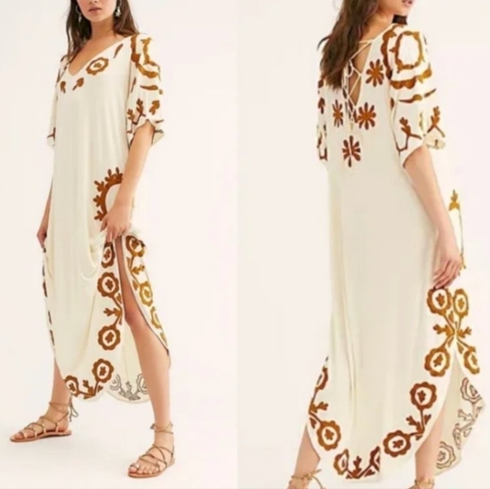 Free People Laguna Surf Cream and Tan Marigold Maxi Tee Dress Large